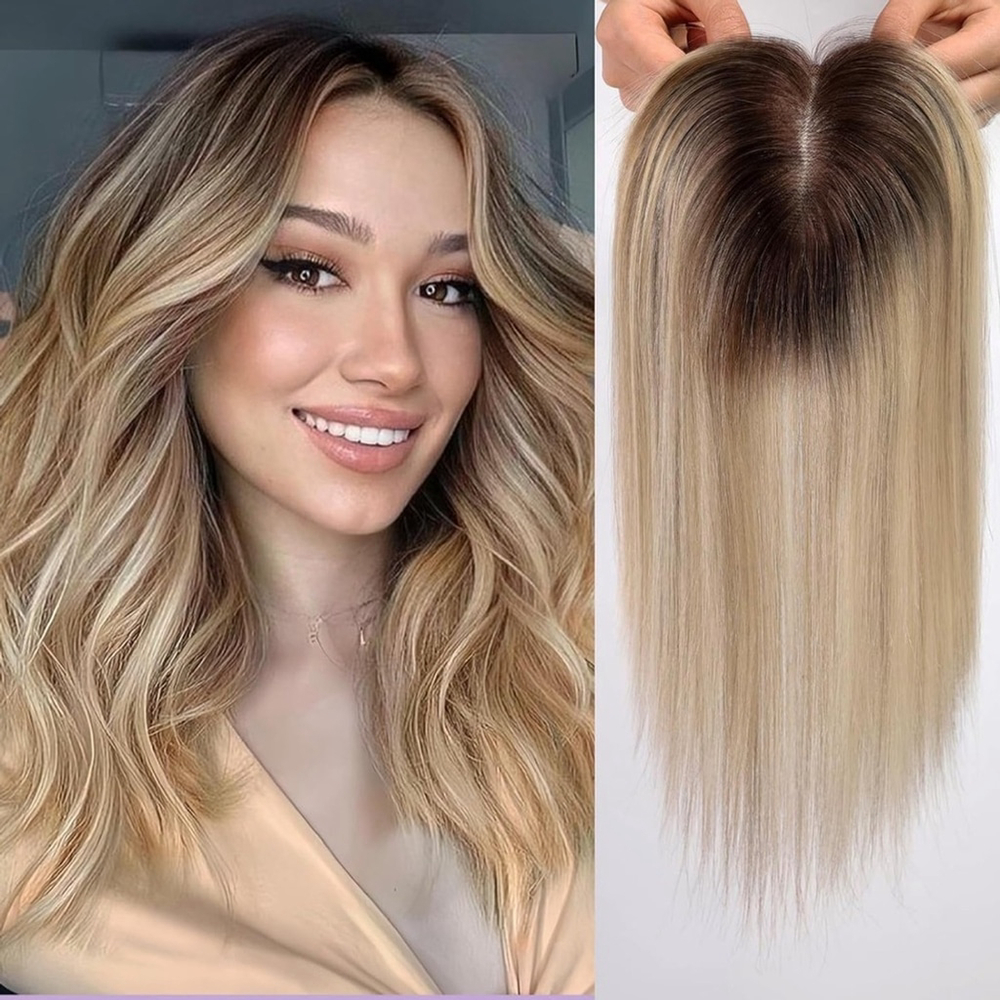 14” Ombre Blonde Human Hair Topper with 3 Clips